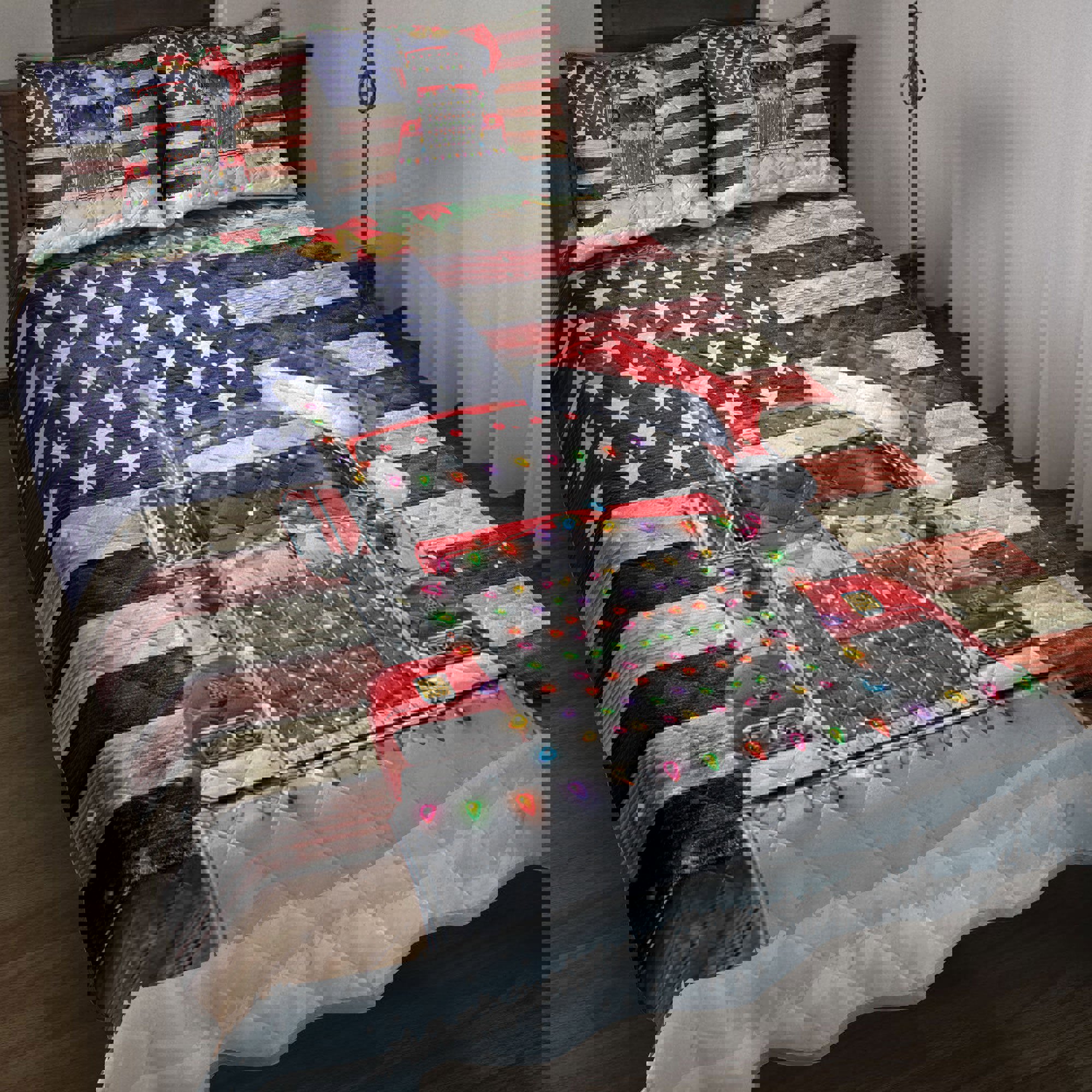 Trucker Quilt Set Red Truck Wearing Christmas Hat With String Light Us Flag